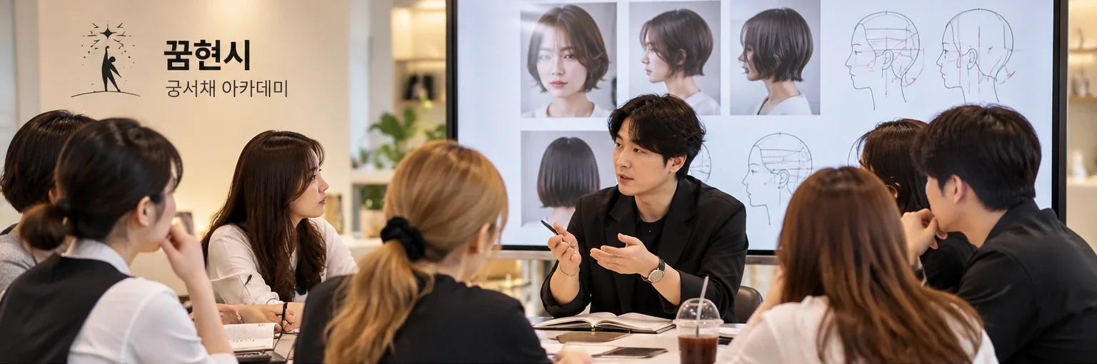 강사가 헤어 디자인 자료를 띄워 놓고 교육생들과 둘러앉아 설명하는 모습