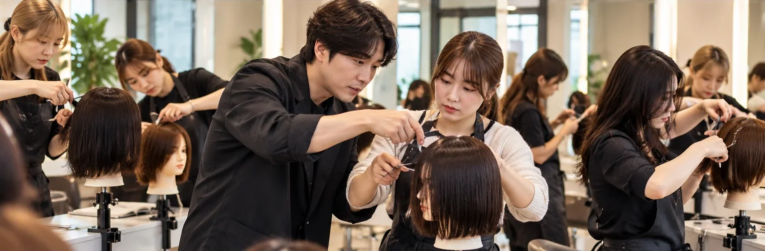 강사가 교육생 옆에서 마네킹 커트를 1:1로 지도하는 실습 모습